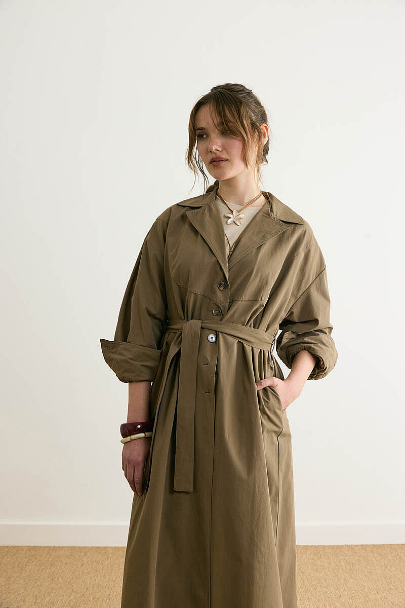 Dikişli Düğmeli Trençkot Haki - 2