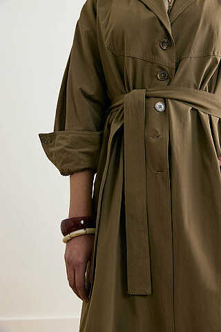 Dikişli Düğmeli Trençkot Haki - 5