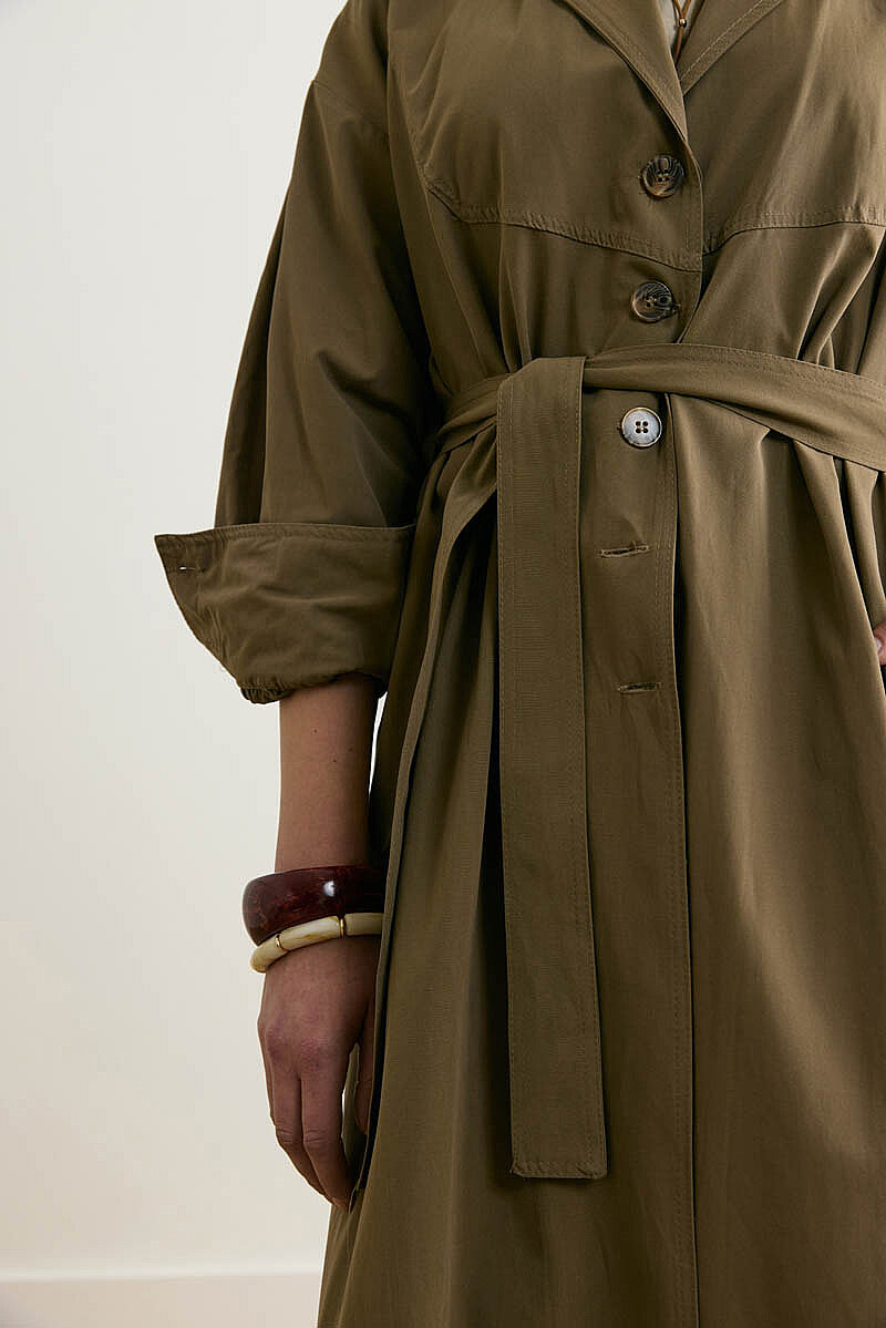 Dikişli Düğmeli Trençkot Haki - 5