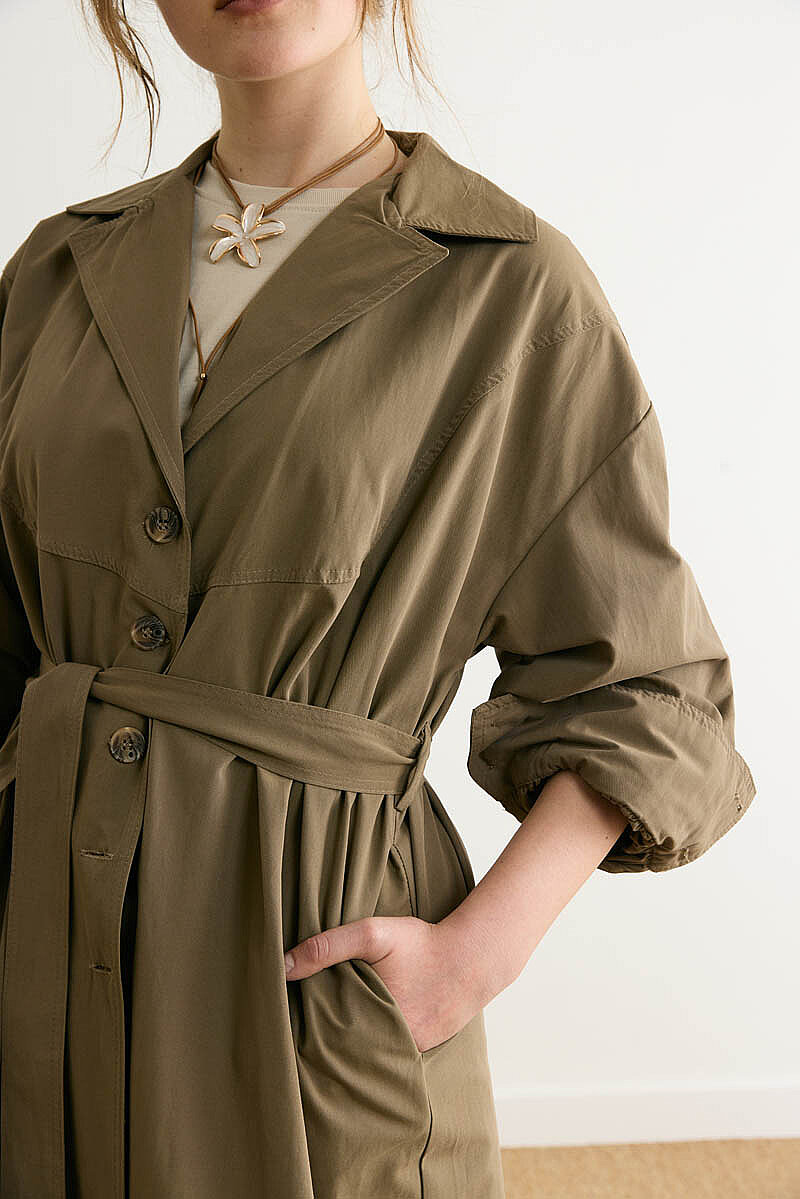 Dikişli Düğmeli Trençkot Haki - 3