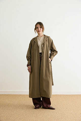 Dikişli Düğmeli Trençkot Haki - 6