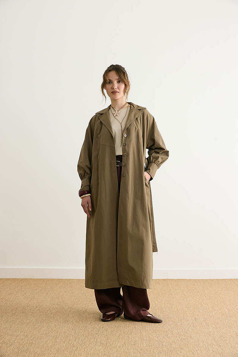 Dikişli Düğmeli Trençkot Haki - 6