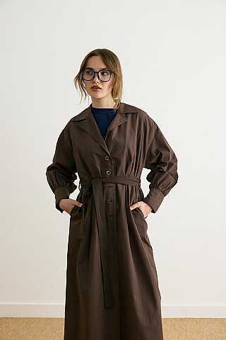 Dikişli Düğmeli Trençkot Kahverengi - 1