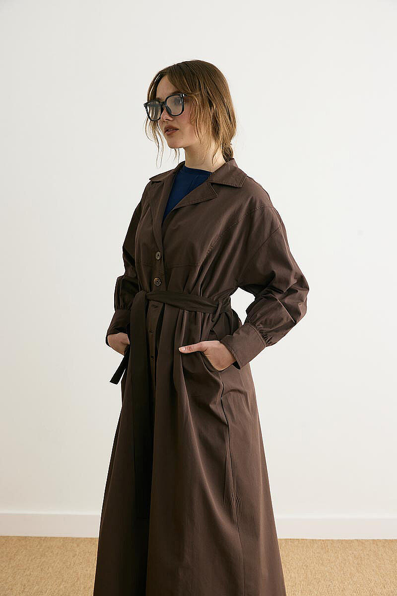 Dikişli Düğmeli Trençkot Kahverengi - 4