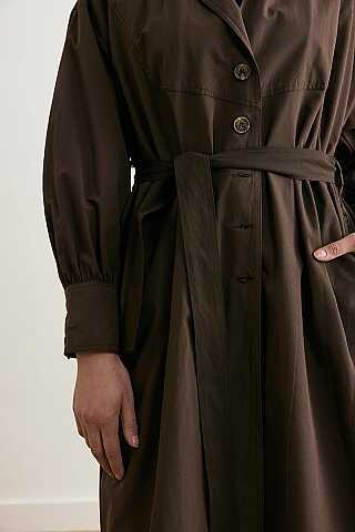 Dikişli Düğmeli Trençkot Kahverengi - 7