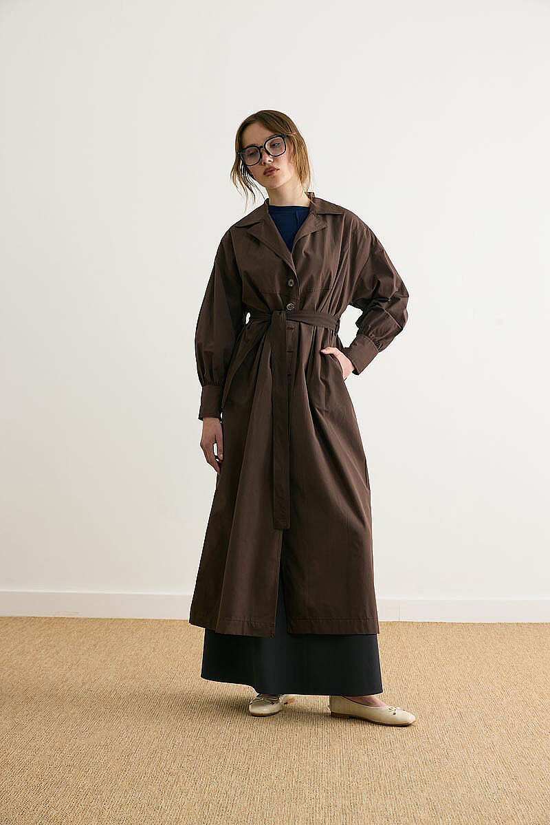 Dikişli Düğmeli Trençkot Kahverengi - 2