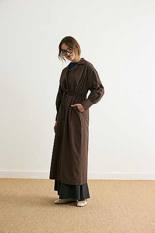 Dikişli Düğmeli Trençkot Kahverengi - 6