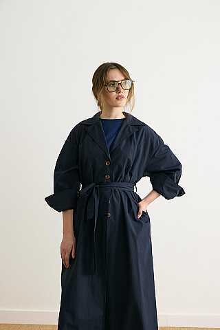 Dikişli Düğmeli Trençkot Lacivert - 4