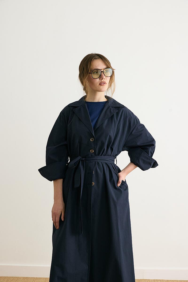 Dikişli Düğmeli Trençkot Lacivert - 4