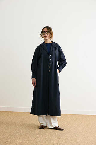 Dikişli Düğmeli Trençkot Lacivert - 1