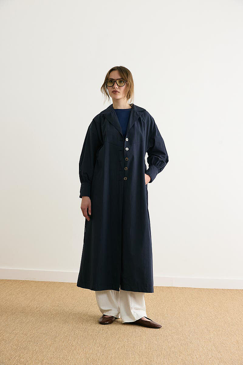 Dikişli Düğmeli Trençkot Lacivert 