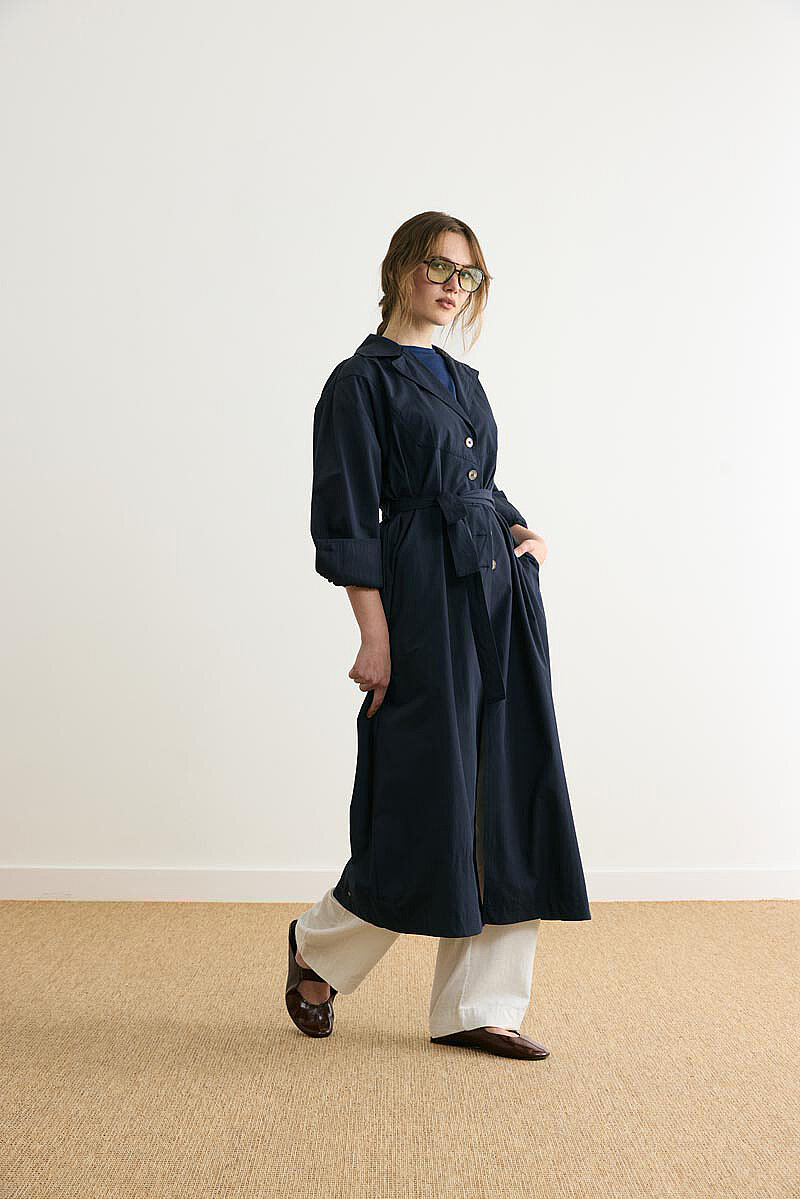 Dikişli Düğmeli Trençkot Lacivert - 6