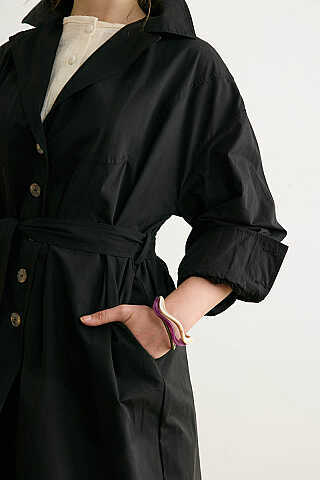 Dikişli Düğmeli Trençkot Siyah - 2