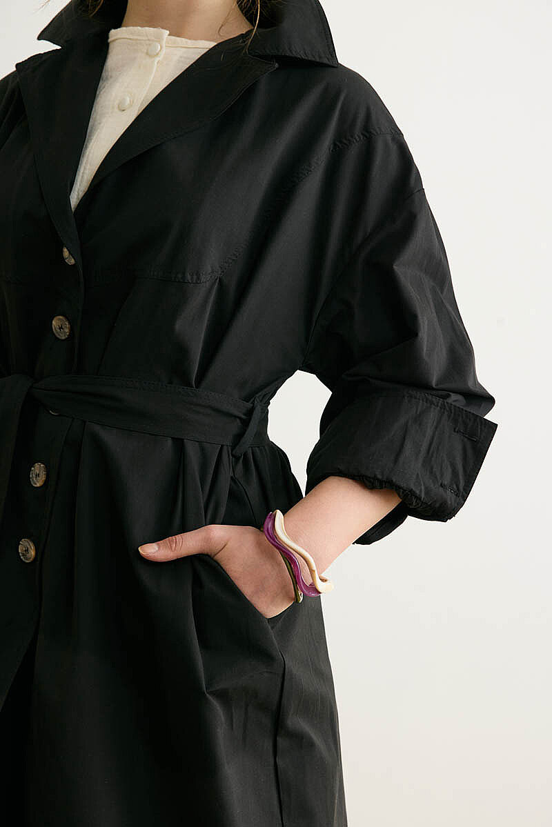 Dikişli Düğmeli Trençkot Siyah - 2