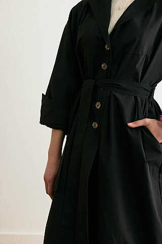 Dikişli Düğmeli Trençkot Siyah - 4