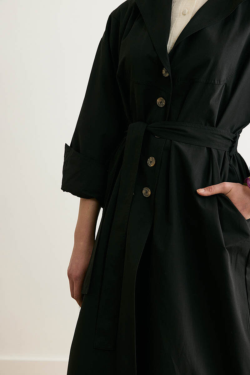 Dikişli Düğmeli Trençkot Siyah - 4