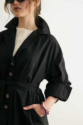 Dikişli Düğmeli Trençkot Siyah - 6