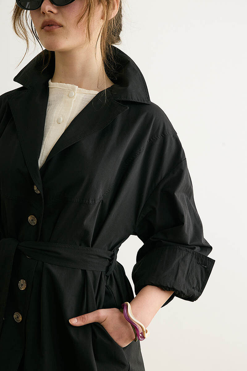 Dikişli Düğmeli Trençkot Siyah - 6