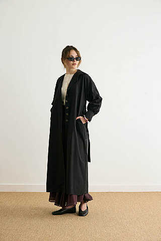 Dikişli Düğmeli Trençkot Siyah - 1