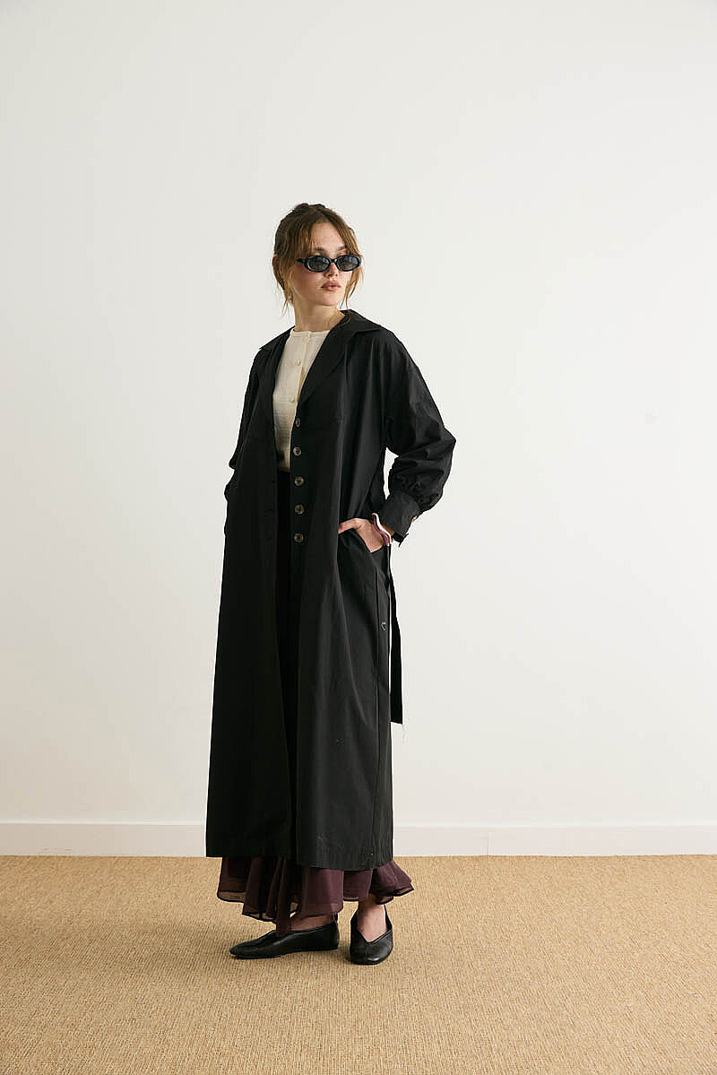 Dikişli Düğmeli Trençkot Siyah 