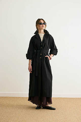 Dikişli Düğmeli Trençkot Siyah - 7