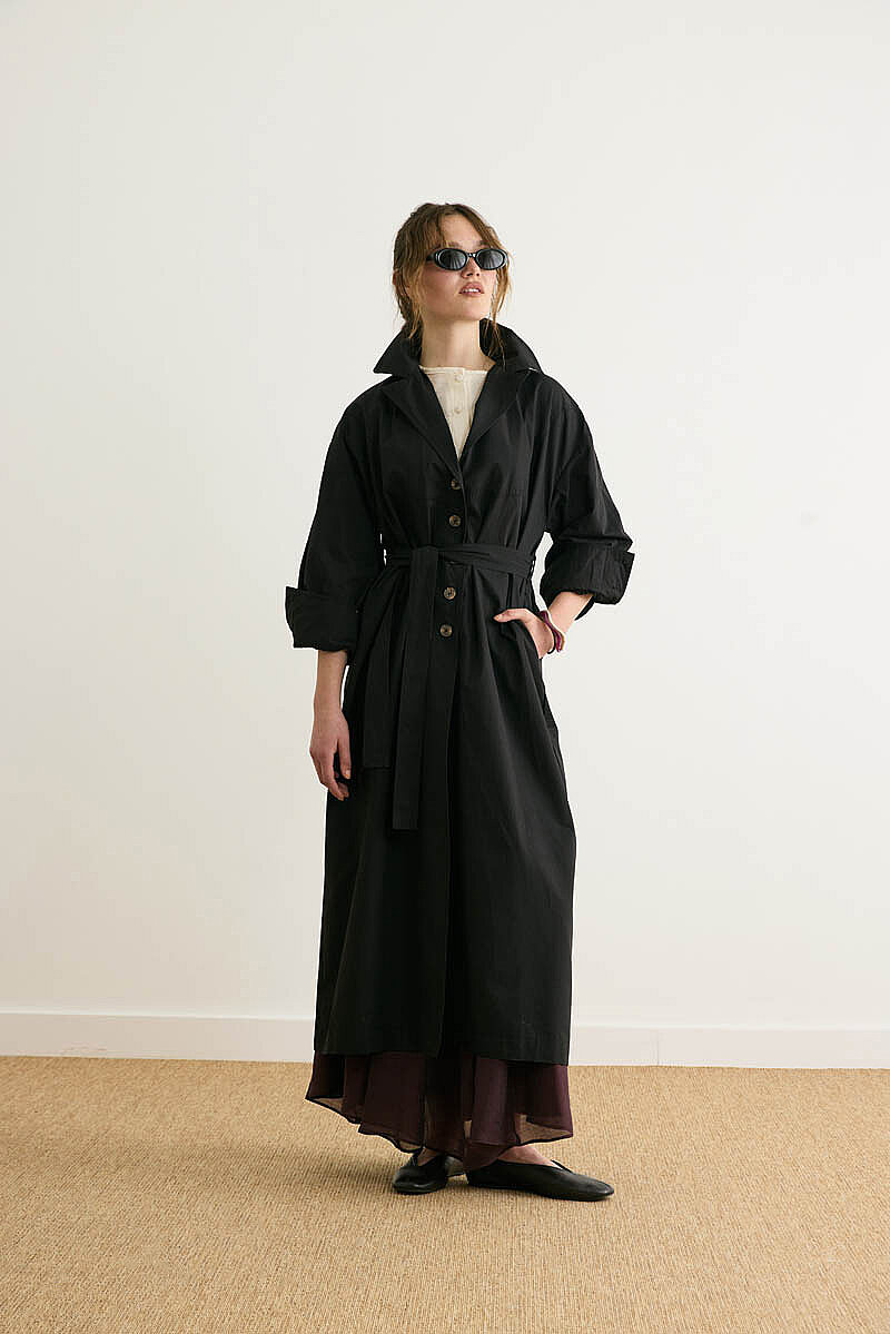 Dikişli Düğmeli Trençkot Siyah - 7