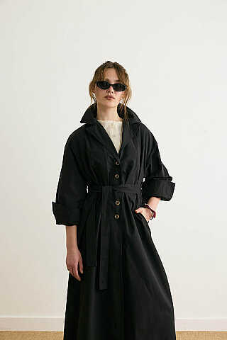 Dikişli Düğmeli Trençkot Siyah - 5