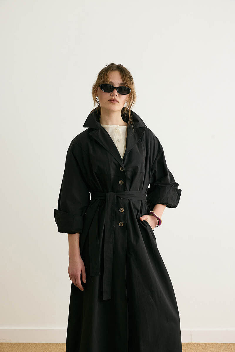 Dikişli Düğmeli Trençkot Siyah - 5