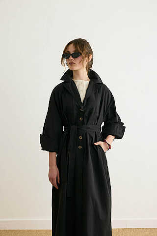 Dikişli Düğmeli Trençkot Siyah - 3