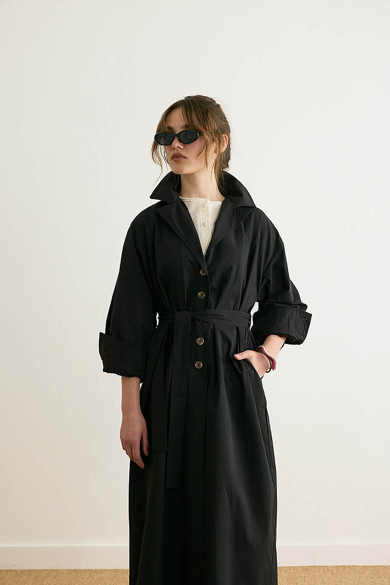 Dikişli Düğmeli Trençkot Siyah - 3