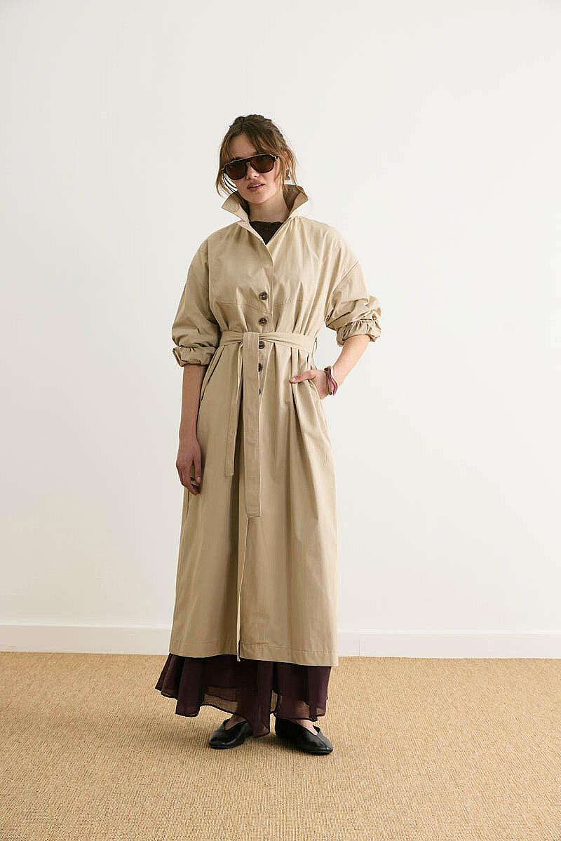 Dikişli Düğmeli Trençkot Taş