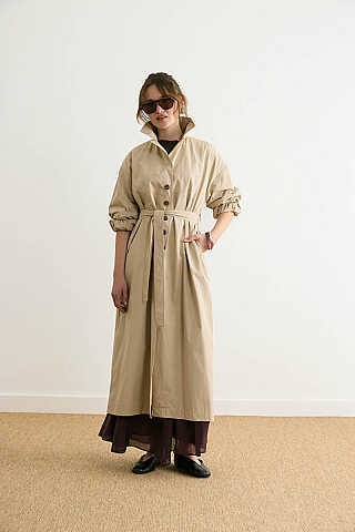 Dikişli Düğmeli Trençkot Taş - 1