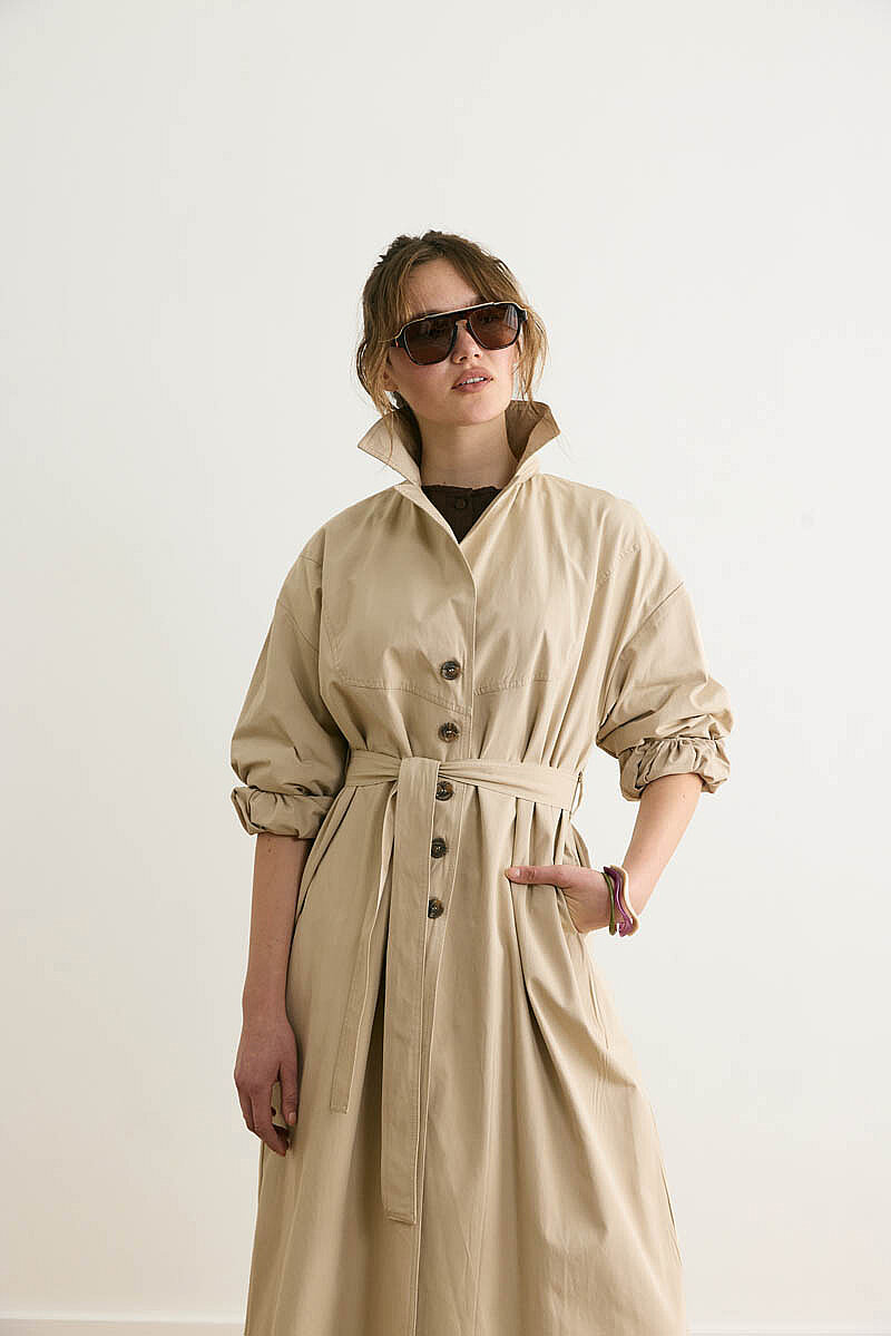 Dikişli Düğmeli Trençkot Taş - 3