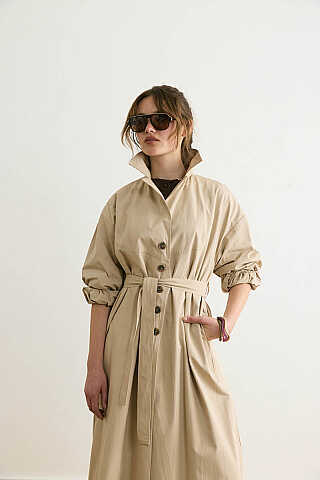 Dikişli Düğmeli Trençkot Taş - 5