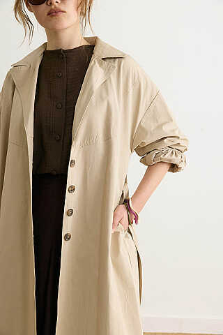 Dikişli Düğmeli Trençkot Taş - 2