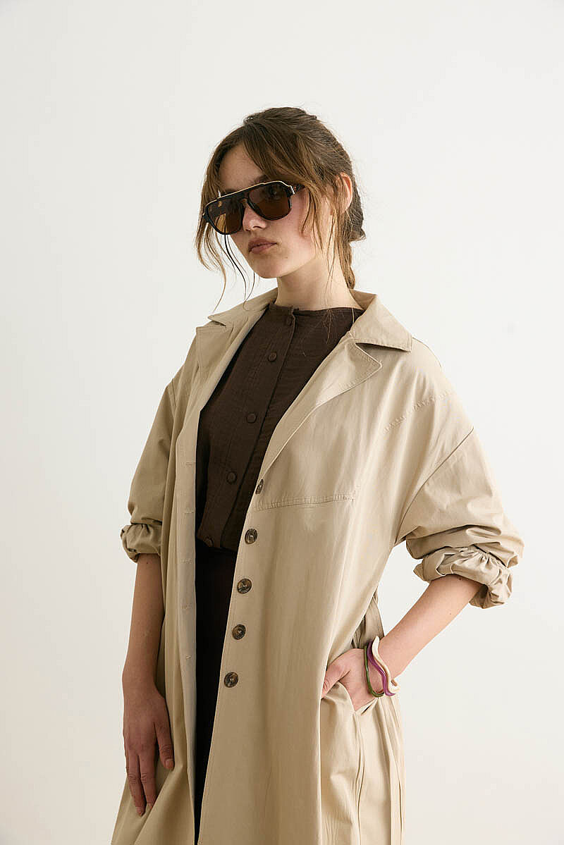 Dikişli Düğmeli Trençkot Taş - 4