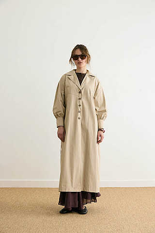 Dikişli Düğmeli Trençkot Taş - 6