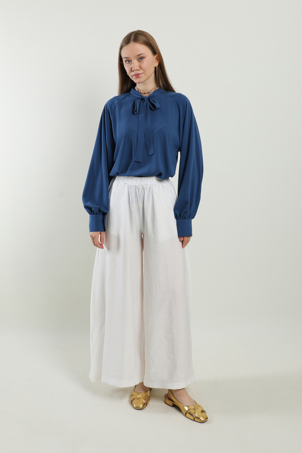 Dokulu Bol Paça Pantolon Beyaz - 1