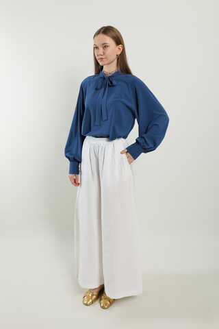 Dokulu Bol Paça Pantolon Beyaz - 5