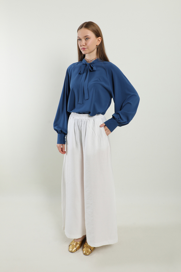 Dokulu Bol Paça Pantolon Beyaz - 5