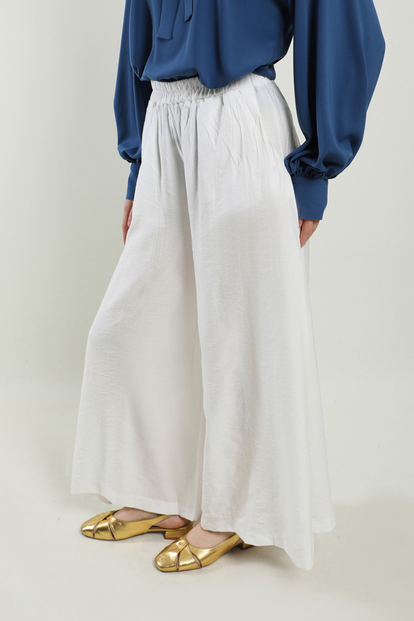 Dokulu Bol Paça Pantolon Beyaz - 2