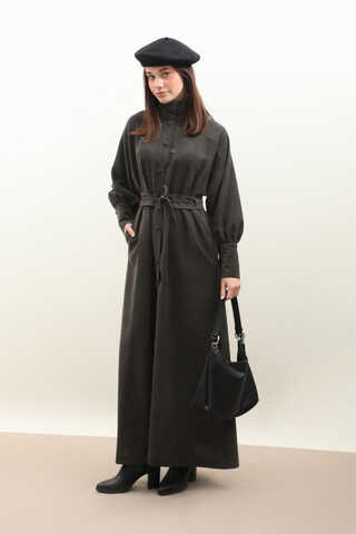 Dokulu Vintage Elbise Antrasit - 3