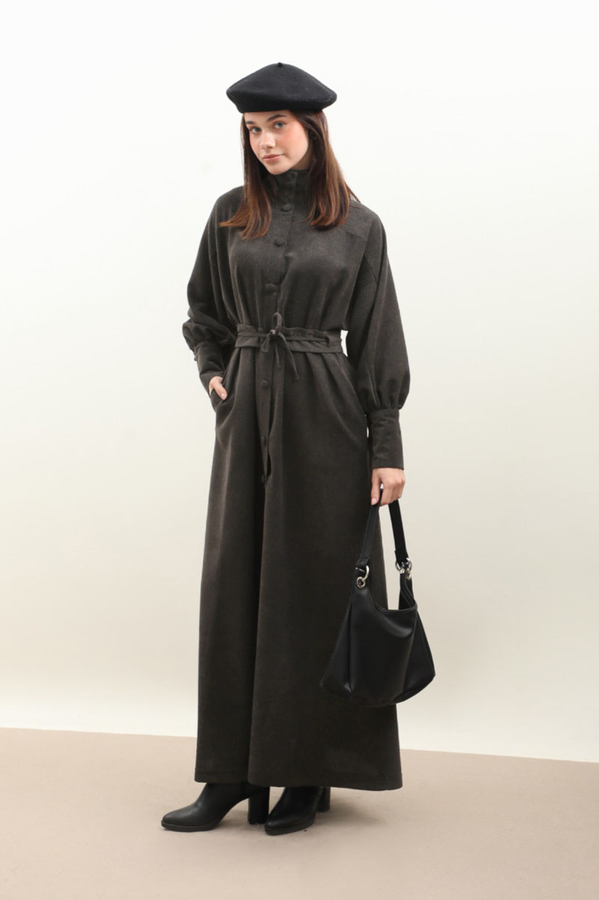 Dokulu Vintage Elbise Antrasit - 3