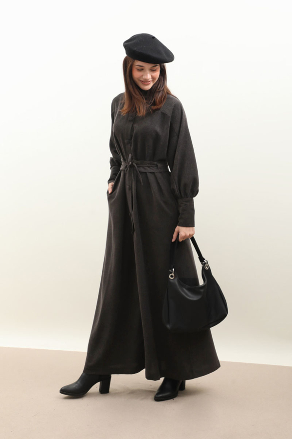 Dokulu Vintage Elbise Antrasit - 4