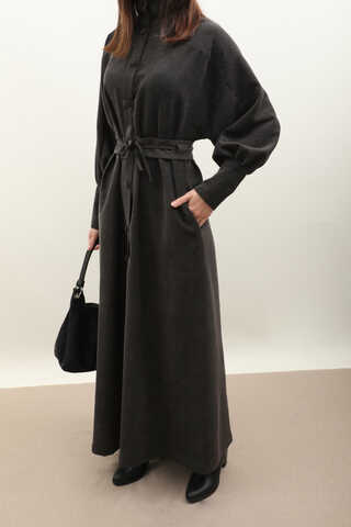 Dokulu Vintage Elbise Antrasit - 1