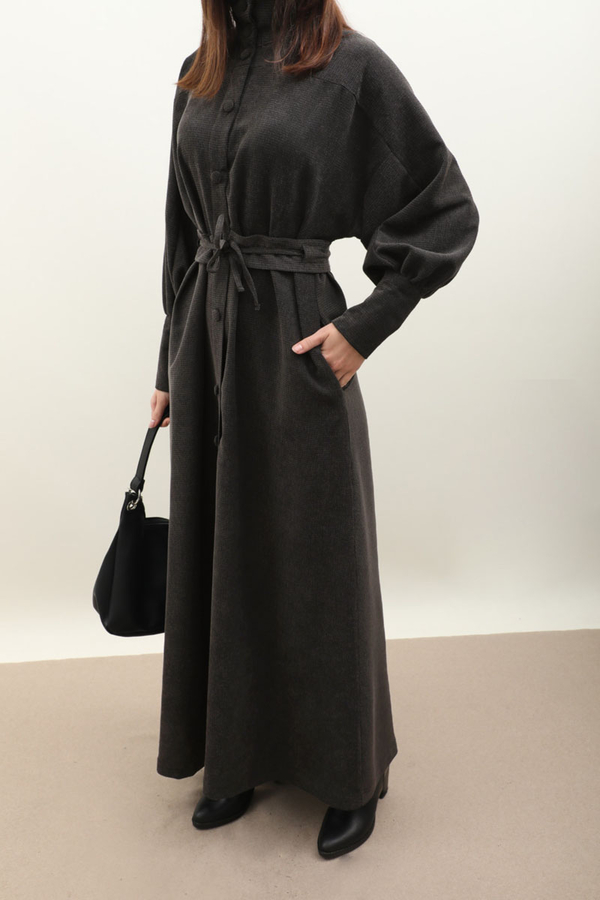 Dokulu Vintage Elbise Antrasit - 1