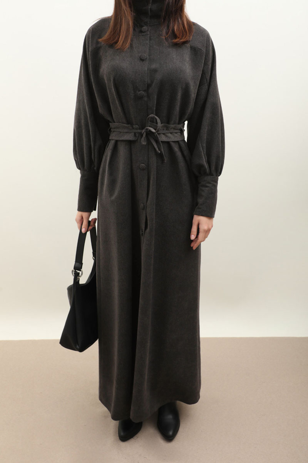 Dokulu Vintage Elbise Antrasit - 6