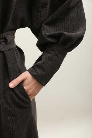 Dokulu Vintage Elbise Antrasit - 10