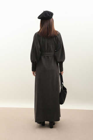 Dokulu Vintage Elbise Antrasit - 12