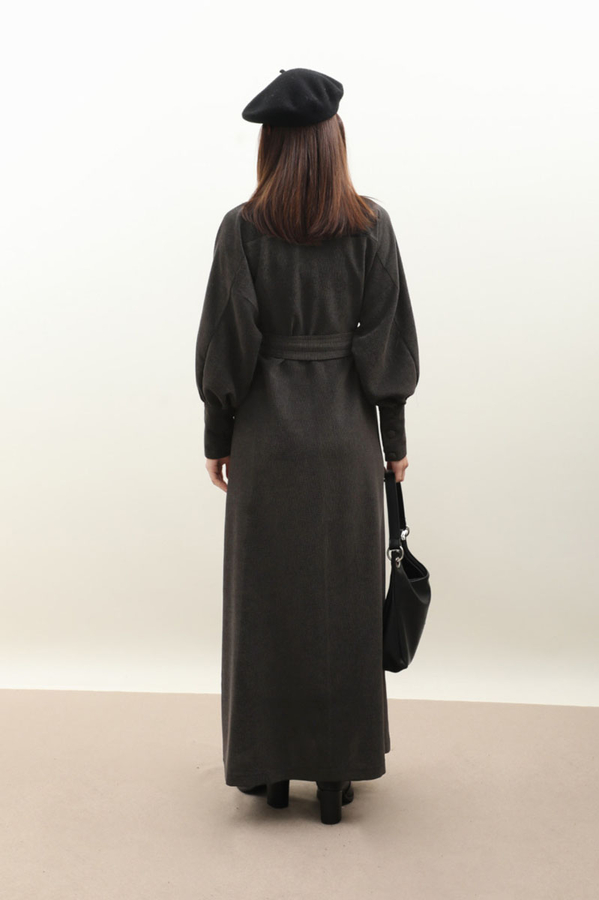 Dokulu Vintage Elbise Antrasit - 12